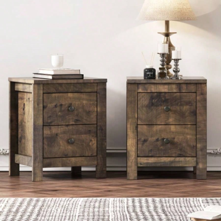 Farmhouse Wooden Nightstand Set of 2 with Retro Design, Wood Side Table with Storage Cabinet Bedroom, Antique Walnut