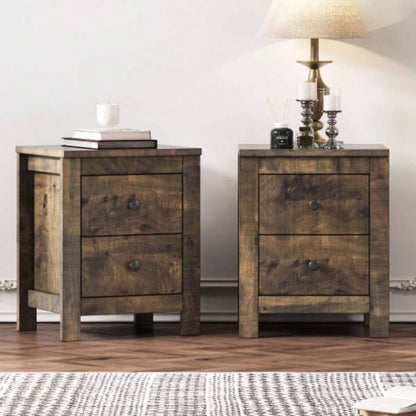 Farmhouse Wooden Nightstand Set of 2 with Retro Design, Wood Side Table with Storage Cabinet Bedroom, Antique Walnut