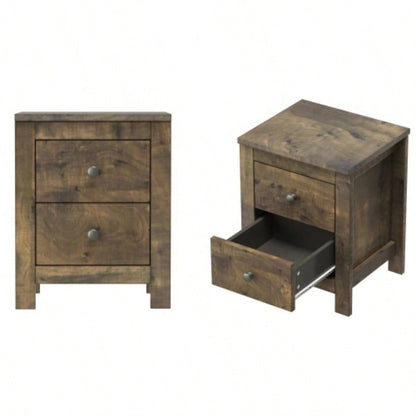 Farmhouse Wooden Nightstand Set of 2 with Retro Design, Wood Side Table with Storage Cabinet Bedroom, Antique Walnut