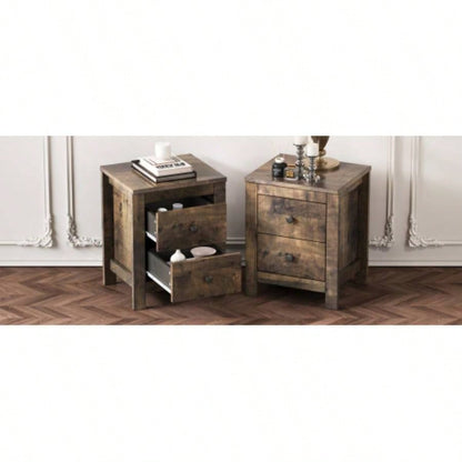 Farmhouse Wooden Nightstand Set of 2 with Retro Design, Wood Side Table with Storage Cabinet Bedroom, Antique Walnut