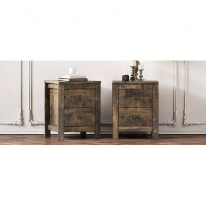 Farmhouse Wooden Nightstand Set of 2 with Retro Design, Wood Side Table with Storage Cabinet Bedroom, Antique Walnut