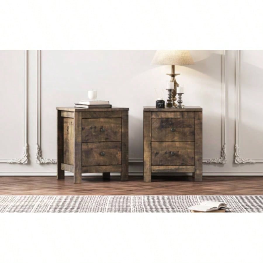 Farmhouse Wooden Nightstand Set of 2 with Retro Design, Wood Side Table with Storage Cabinet Bedroom, Antique Walnut
