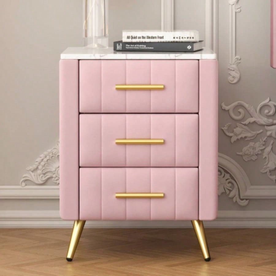 Upholstered Wooden Nightstand with 3 Drawers and Metal Handles, Bedside Table with Marbling Stickers Worktop - Pink