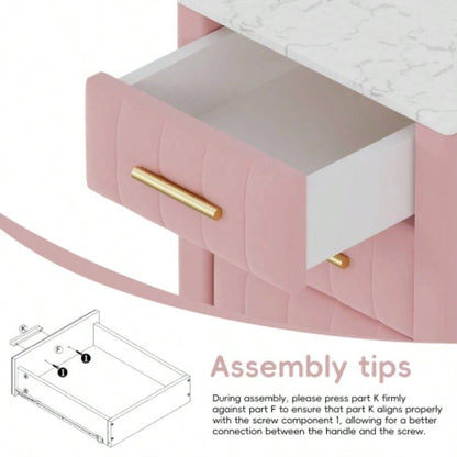 Upholstered Wooden Nightstand with 3 Drawers and Metal Handles, Bedside Table with Marbling Stickers Worktop - Pink