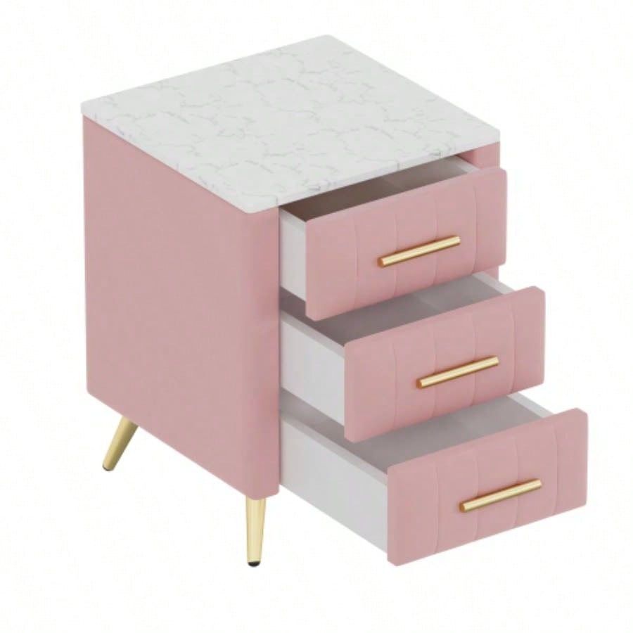 Upholstered Wooden Nightstand with 3 Drawers and Metal Handles, Bedside Table with Marbling Stickers Worktop - Pink
