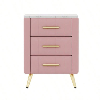 Upholstered Wooden Nightstand with 3 Drawers and Metal Handles, Bedside Table with Marbling Stickers Worktop - Pink