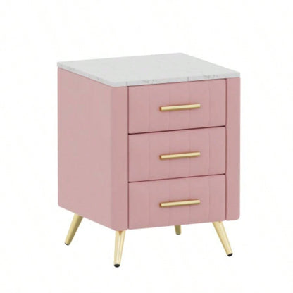 Upholstered Wooden Nightstand with 3 Drawers and Metal Handles, Bedside Table with Marbling Stickers Worktop - Pink