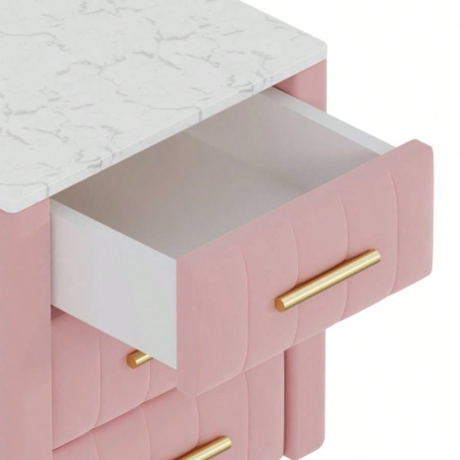 Upholstered Wooden Nightstand with 3 Drawers and Metal Handles, Bedside Table with Marbling Stickers Worktop - Pink