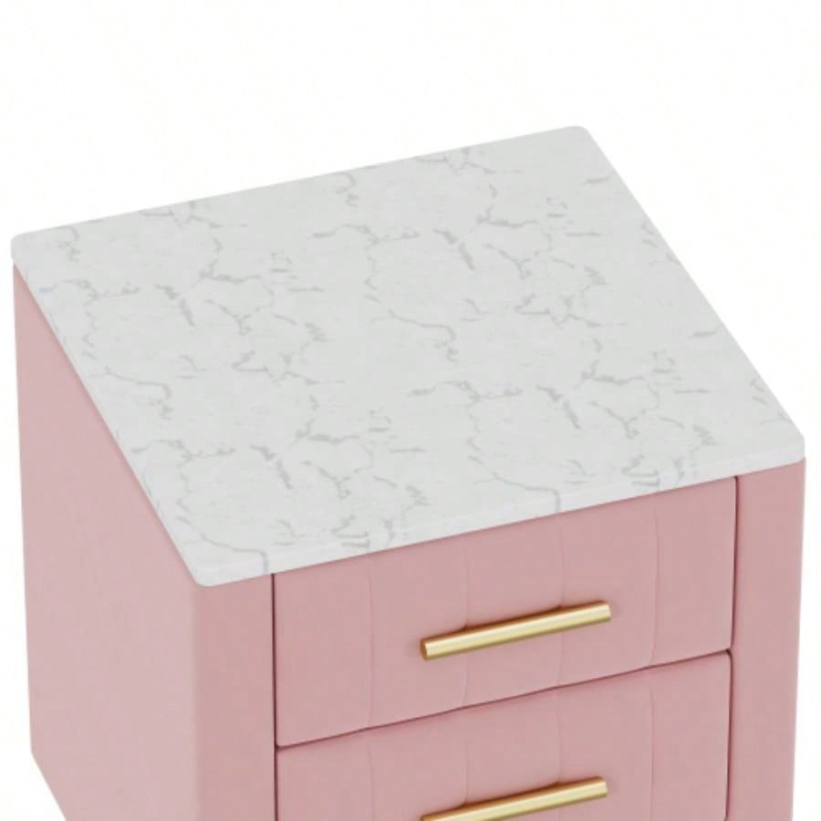 Upholstered Wooden Nightstand with 3 Drawers and Metal Handles, Bedside Table with Marbling Stickers Worktop - Pink