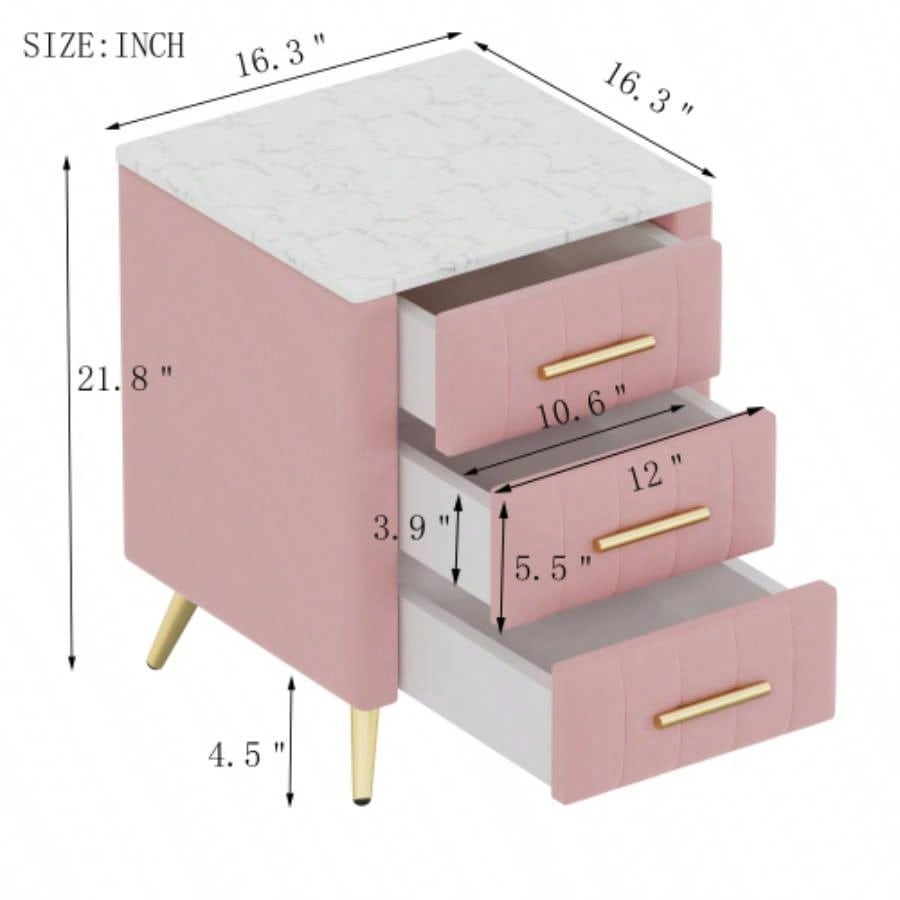 Upholstered Wooden Nightstand with 3 Drawers and Metal Handles, Bedside Table with Marbling Stickers Worktop - Pink
