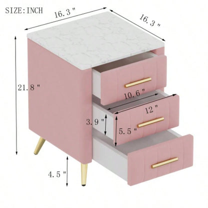 Upholstered Wooden Nightstand with 3 Drawers and Metal Handles, Bedside Table with Marbling Stickers Worktop - Pink