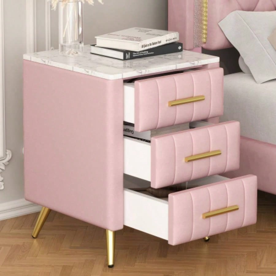 Upholstered Wooden Nightstand with 3 Drawers and Metal Handles, Bedside Table with Marbling Stickers Worktop - Pink