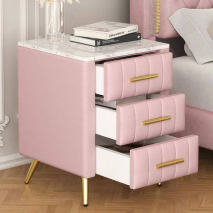 Upholstered Wooden Nightstand with 3 Drawers and Metal Handles, Bedside Table with Marbling Stickers Worktop - Pink