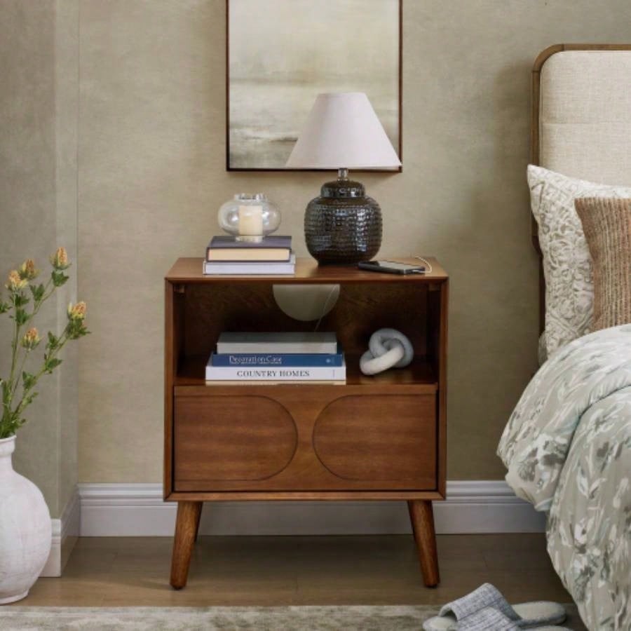 Mid Modern Fluted Nightstand with Charging Station USB Ports Outlet Hole 4 Solid Wood, Farmhouse End Table with Open Space and Drawer Dresser, Walnut