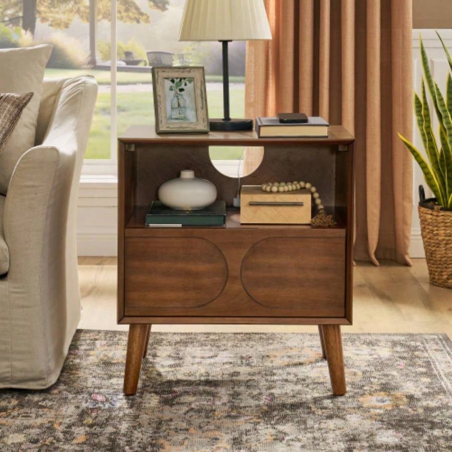 Mid Modern Fluted Nightstand with Charging Station USB Ports Outlet Hole 4 Solid Wood, Farmhouse End Table with Open Space and Drawer Dresser, Walnut