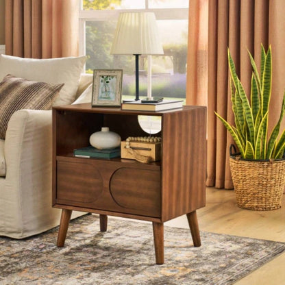Mid Modern Fluted Nightstand with Charging Station USB Ports Outlet Hole 4 Solid Wood, Farmhouse End Table with Open Space and Drawer Dresser, Walnut