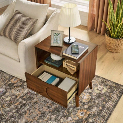 Mid Modern Fluted Nightstand with Charging Station USB Ports Outlet Hole 4 Solid Wood, Farmhouse End Table with Open Space and Drawer Dresser, Walnut