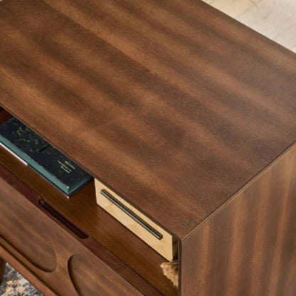 Mid Modern Fluted Nightstand with Charging Station USB Ports Outlet Hole 4 Solid Wood, Farmhouse End Table with Open Space and Drawer Dresser, Walnut