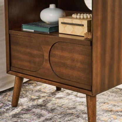 Mid Modern Fluted Nightstand with Charging Station USB Ports Outlet Hole 4 Solid Wood, Farmhouse End Table with Open Space and Drawer Dresser, Walnut