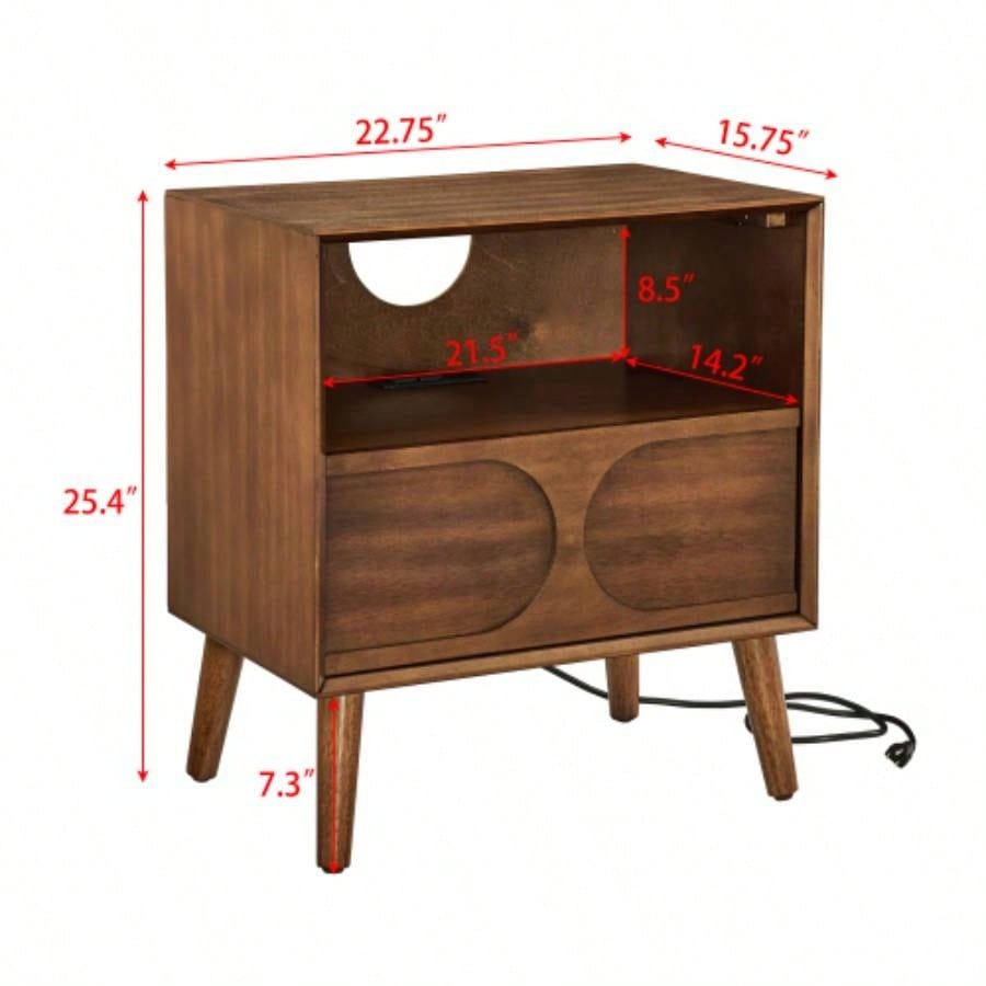 Mid Modern Fluted Nightstand with Charging Station USB Ports Outlet Hole 4 Solid Wood, Farmhouse End Table with Open Space and Drawer Dresser, Walnut