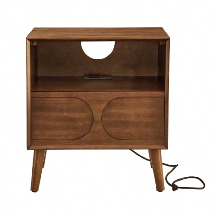 Mid Modern Fluted Nightstand with Charging Station USB Ports Outlet Hole 4 Solid Wood, Farmhouse End Table with Open Space and Drawer Dresser, Walnut