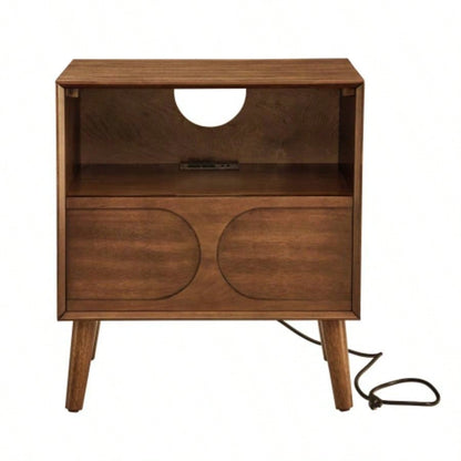 Mid Modern Fluted Nightstand with Charging Station USB Ports Outlet Hole 4 Solid Wood, Farmhouse End Table with Open Space and Drawer Dresser, Walnut