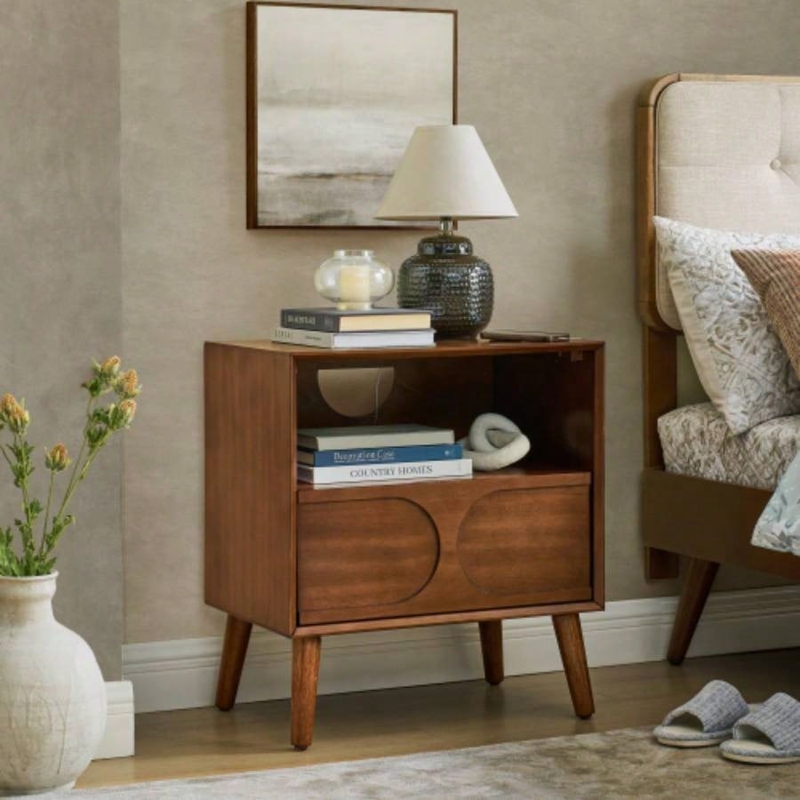 Mid Modern Fluted Nightstand with Charging Station USB Ports Outlet Hole 4 Solid Wood, Farmhouse End Table with Open Space and Drawer Dresser, Walnut