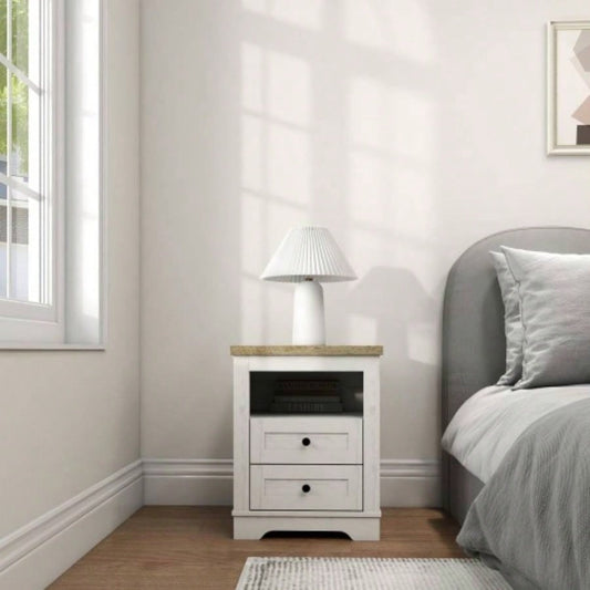 Farmhouse Nightstand, End Table, Side Table with 2 Drawers Storage Cabinet Bedroom, Living Room, Farmhouse Design, Wood Rustic, Antique White