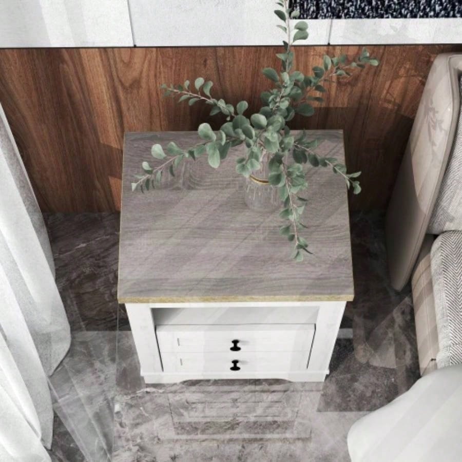 Farmhouse Nightstand, End Table, Side Table with 2 Drawers Storage Cabinet Bedroom, Living Room, Farmhouse Design, Wood Rustic, Antique White