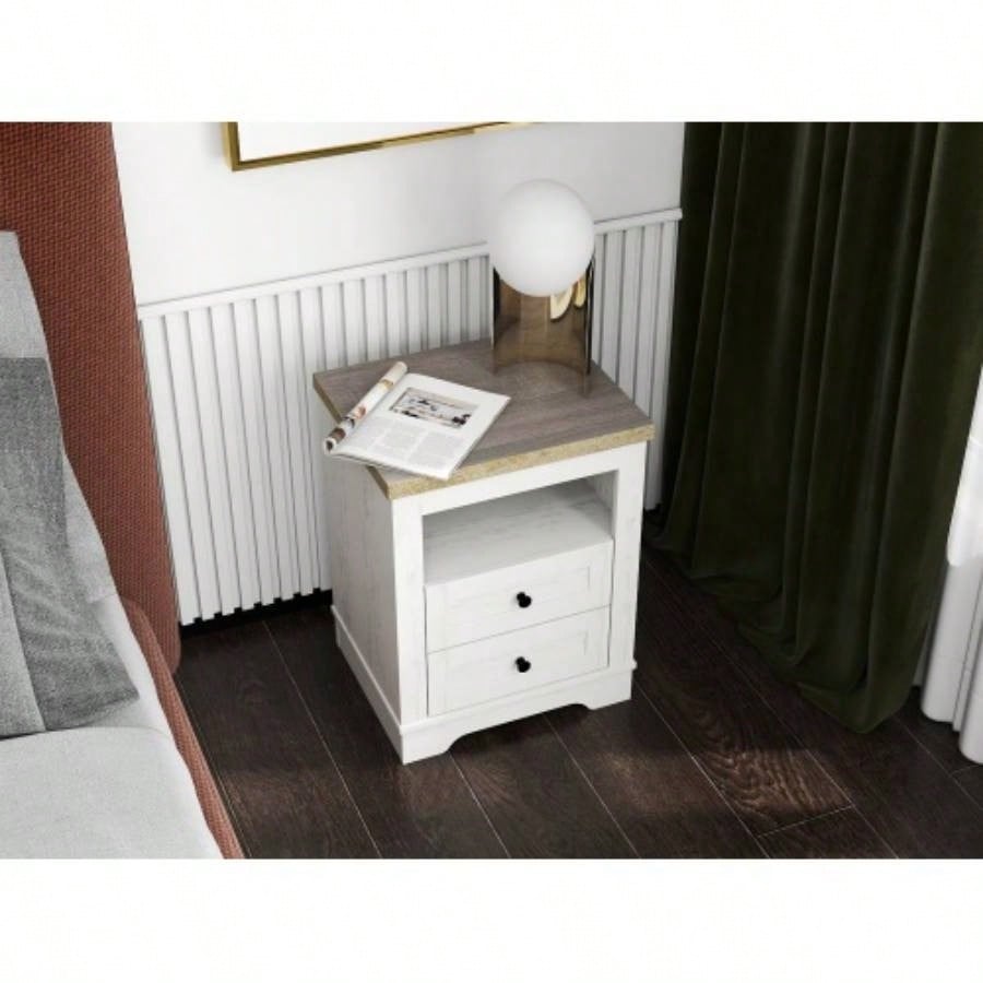 Farmhouse Nightstand, End Table, Side Table with 2 Drawers Storage Cabinet Bedroom, Living Room, Farmhouse Design, Wood Rustic, Antique White