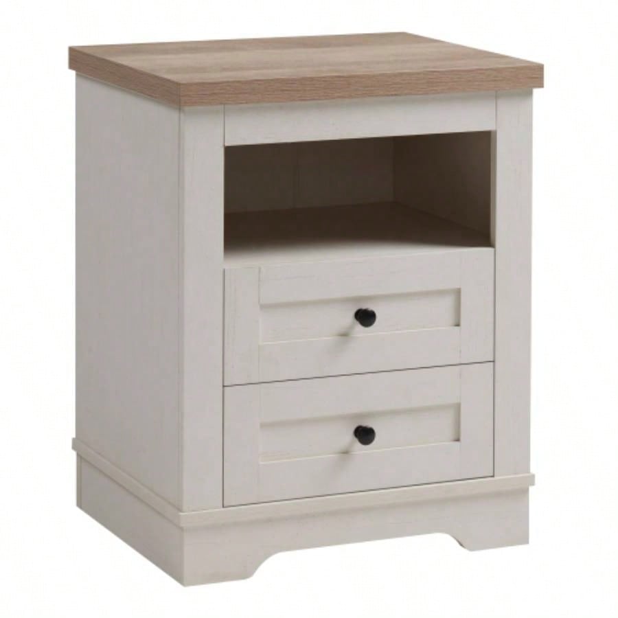 Farmhouse Nightstand, End Table, Side Table with 2 Drawers Storage Cabinet Bedroom, Living Room, Farmhouse Design, Wood Rustic, Antique White