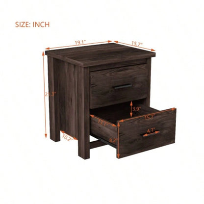 Vintage Two Drawer Nightstand, Simple and Generous Storage Space, Dark Walnut