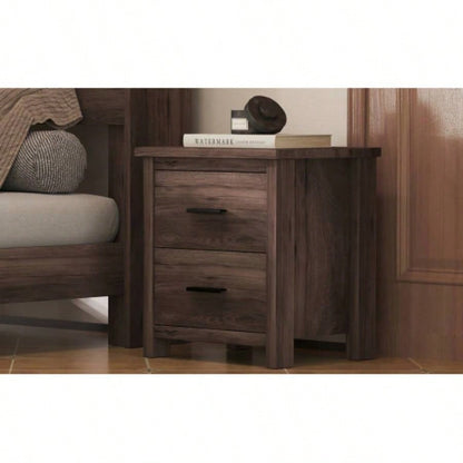 Vintage Two Drawer Nightstand, Simple and Generous Storage Space, Dark Walnut