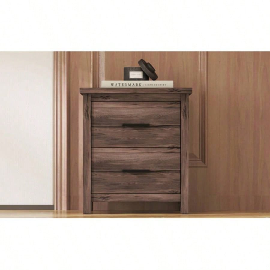 Vintage Two Drawer Nightstand, Simple and Generous Storage Space, Dark Walnut