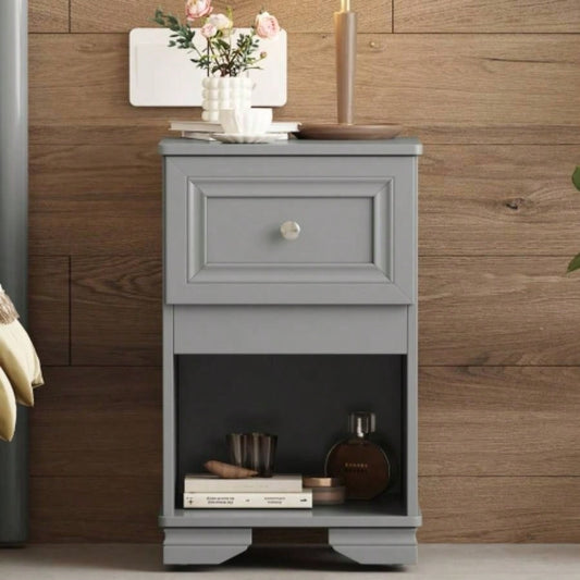 Elegant Design Nightstand with Drawer and Open Shelf Bedroom, Retro Style Bedside Table with Classic Design and Metal Handle, Gray