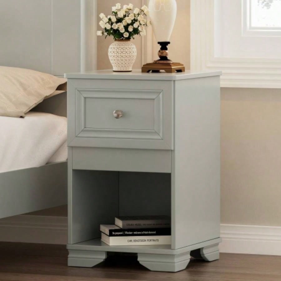 Elegant Design Nightstand with Drawer and Open Shelf Bedroom, Retro Style Bedside Table with Classic Design and Metal Handle, Gray