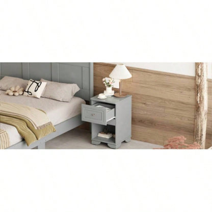 Elegant Design Nightstand with Drawer and Open Shelf Bedroom, Retro Style Bedside Table with Classic Design and Metal Handle, Gray