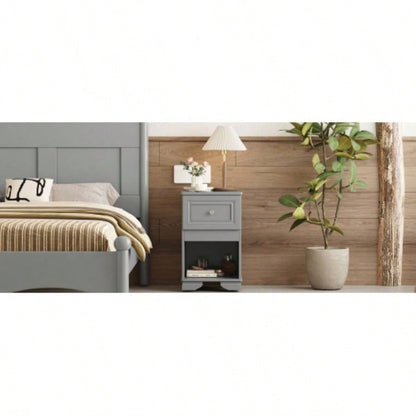 Elegant Design Nightstand with Drawer and Open Shelf Bedroom, Retro Style Bedside Table with Classic Design and Metal Handle, Gray