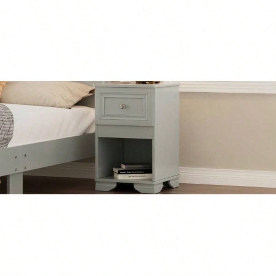 Elegant Design Nightstand with Drawer and Open Shelf Bedroom, Retro Style Bedside Table with Classic Design and Metal Handle, Gray