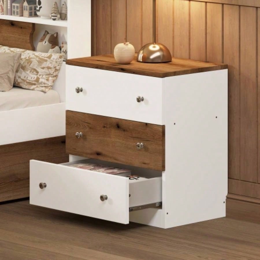 3 - Drawer Wooden Nightstand with Colorblock Design and Metal Handle, Wood Side Table with Storage Cabinet Bedroom, White+Brown
