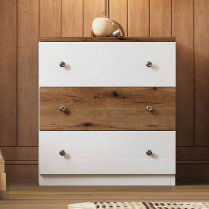 3 - Drawer Wooden Nightstand with Colorblock Design and Metal Handle, Wood Side Table with Storage Cabinet Bedroom, White+Brown