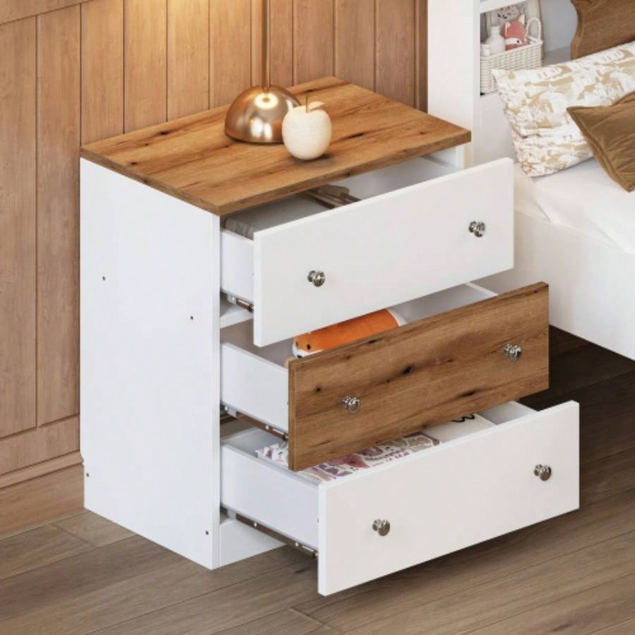 3 - Drawer Wooden Nightstand with Colorblock Design and Metal Handle, Wood Side Table with Storage Cabinet Bedroom, White+Brown