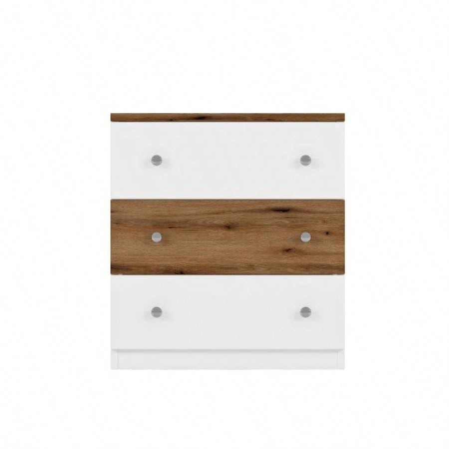 3 - Drawer Wooden Nightstand with Colorblock Design and Metal Handle, Wood Side Table with Storage Cabinet Bedroom, White+Brown