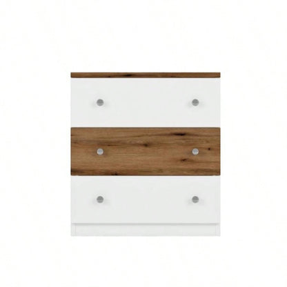 3 - Drawer Wooden Nightstand with Colorblock Design and Metal Handle, Wood Side Table with Storage Cabinet Bedroom, White+Brown
