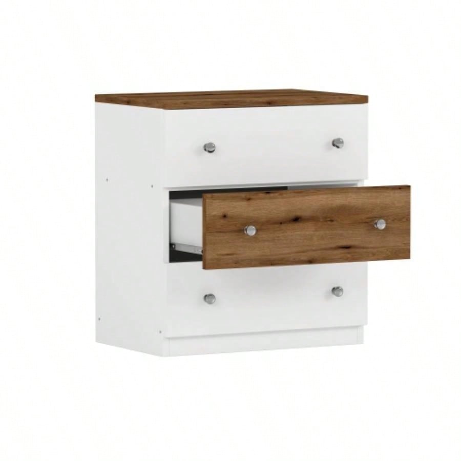 3 - Drawer Wooden Nightstand with Colorblock Design and Metal Handle, Wood Side Table with Storage Cabinet Bedroom, White+Brown