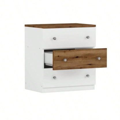 3 - Drawer Wooden Nightstand with Colorblock Design and Metal Handle, Wood Side Table with Storage Cabinet Bedroom, White+Brown