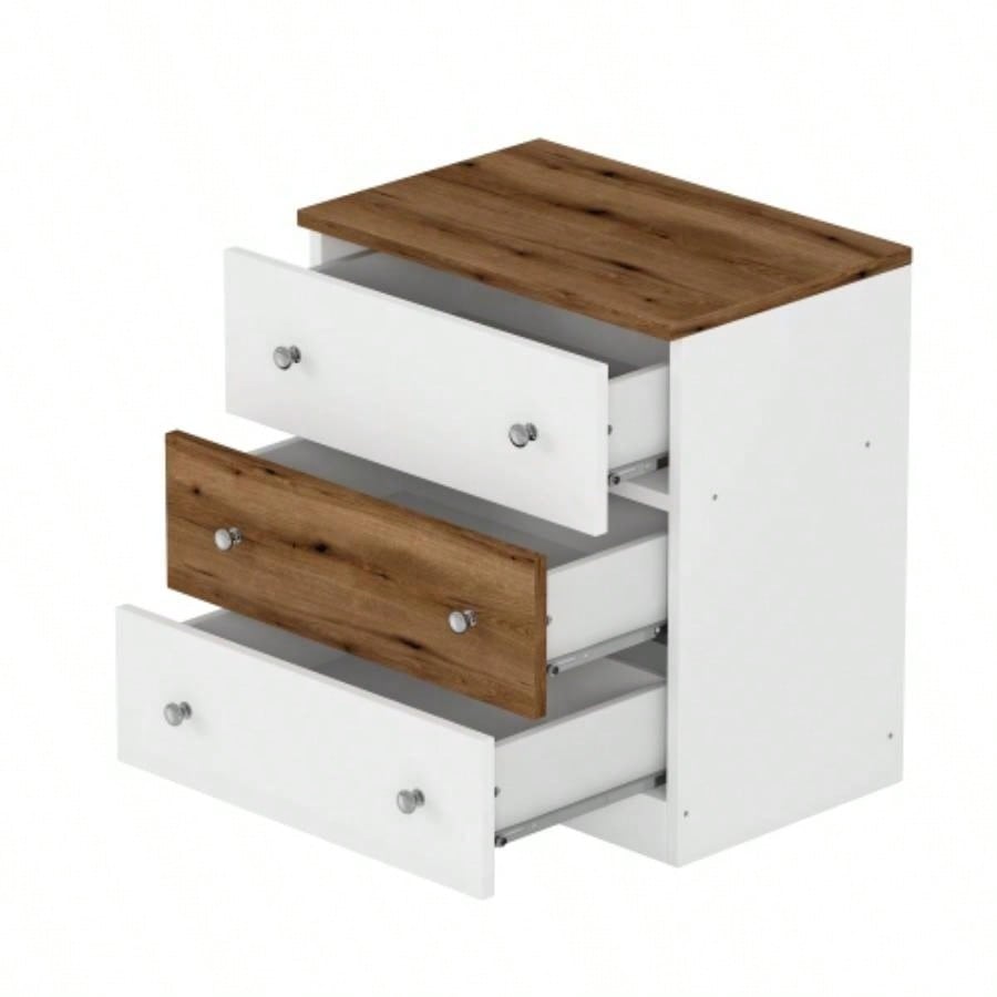 3 - Drawer Wooden Nightstand with Colorblock Design and Metal Handle, Wood Side Table with Storage Cabinet Bedroom, White+Brown