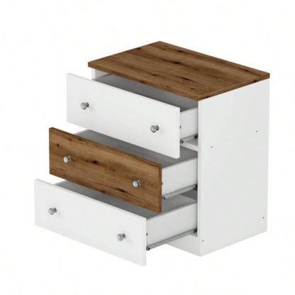 3 - Drawer Wooden Nightstand with Colorblock Design and Metal Handle, Wood Side Table with Storage Cabinet Bedroom, White+Brown