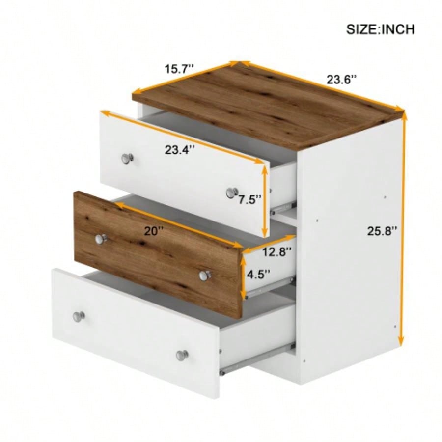 3 - Drawer Wooden Nightstand with Colorblock Design and Metal Handle, Wood Side Table with Storage Cabinet Bedroom, White+Brown