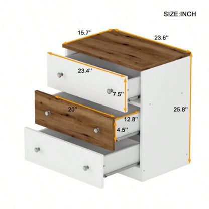 3 - Drawer Wooden Nightstand with Colorblock Design and Metal Handle, Wood Side Table with Storage Cabinet Bedroom, White+Brown